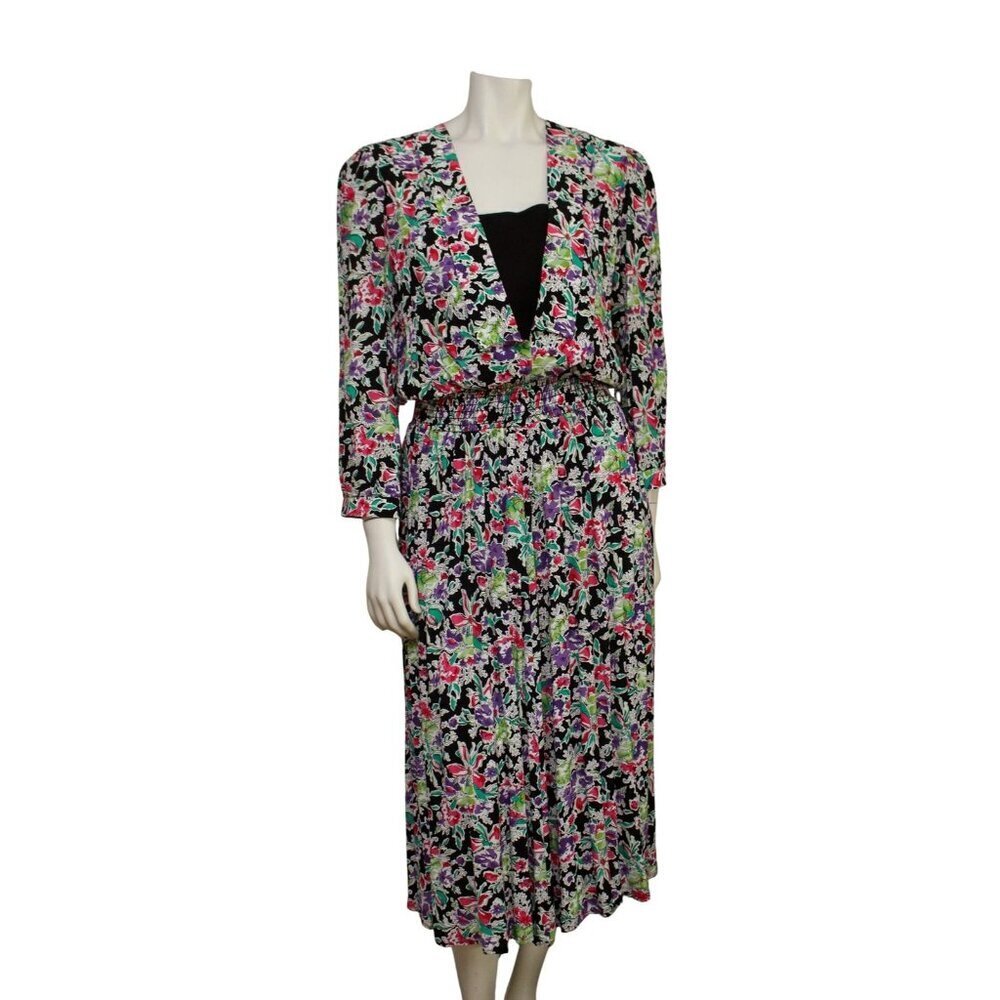 Vintage 80s Warren Z Pink Purple Midi Dress Size 14 Rayon Elastic Waist Boho